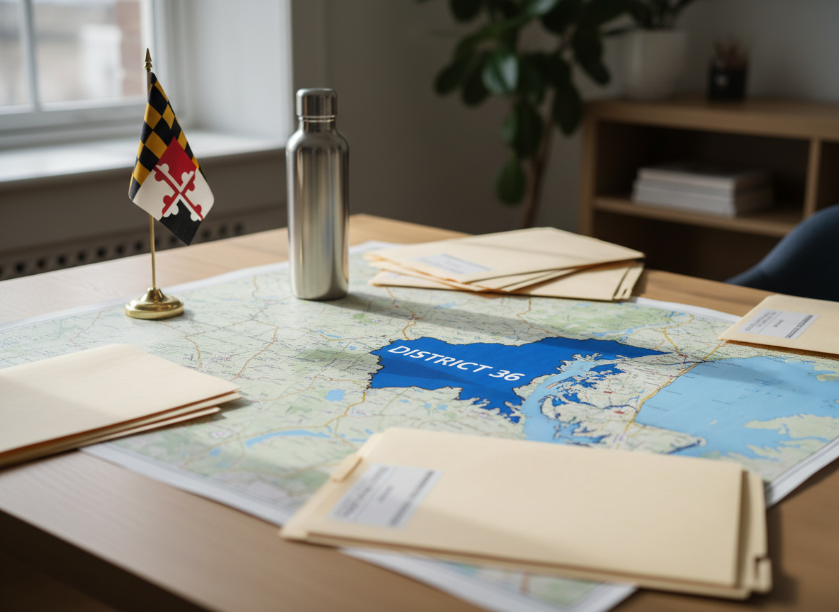 A clean, modern campaign desk setup featuring a large flat map of Maryland’s Eastern Shore spread across a light oak tabletop, with District 36 clearly outlined in a bold but tasteful blue. Around the map sit neatly stacked briefing folders, a polished stainless steel reusable water bottle, and a small Maryland state flag on a weighted base. Soft, diffused daylight from a nearby window casts gentle, natural shadows, giving the scene a calm, professional atmosphere. Captured at eye level with photographic realism and a shallow depth of field, the focus stays sharp on the district boundaries while background elements fade into a subtle bokeh, suggesting organized, thoughtful planning for the Senate campaign.