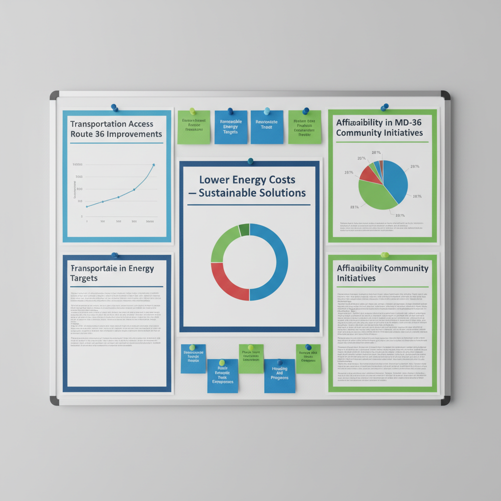 A close-up of a tidy, modern office bulletin board covered with color-coded policy notes and printed charts about energy costs, transportation access, and affordability in Maryland’s District 36. Pushpins in coordinated blues and greens secure neatly arranged documents, including a prominently centered sheet titled “Lower Energy Costs — Sustainable Solutions.” The board is mounted on a smooth, neutral-colored wall, with a slim metal frame adding structure. Soft, even studio-style lighting eliminates harsh shadows, creating a clear, readable presentation. Shot straight-on with photographic realism and sharp focus from edge to edge, the composition feels orderly, data-driven, and professional, conveying a sense of serious, solutions-focused campaign work without visual clutter.