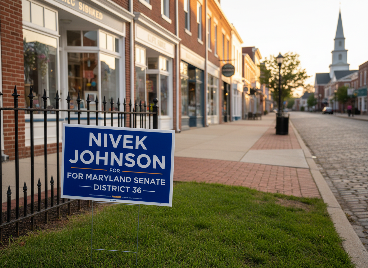 A quiet, early evening scene of a small Eastern Shore town street, with brick storefronts and well-kept sidewalks representing communities in Maryland’s District 36. A blue campaign yard sign reading “Nivek Johnson for Maryland Senate — District 36” stands prominently in the foreground on a neatly trimmed patch of grass, its colors rich and crisp. Warm golden-hour sunlight washes the buildings, creating long, soft shadows and a welcoming glow on the red brick and painted wood facades. Captured from a slightly low angle with photographic realism and a moderate depth of field, the sign is in sharp focus while the background storefronts gently blur, suggesting local connection, stability, and optimism.