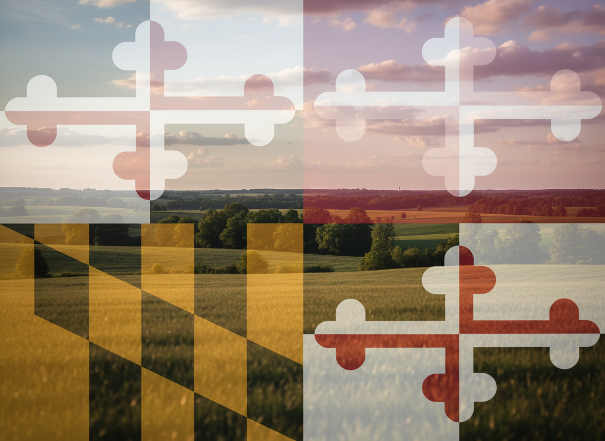 A clean, modern campaign-style image showing the Maryland state flag subtly overlaid on a soft-focus rural Eastern Shore landscape (fields, trees, and open sky), with plenty of empty space for text and no people in the image.