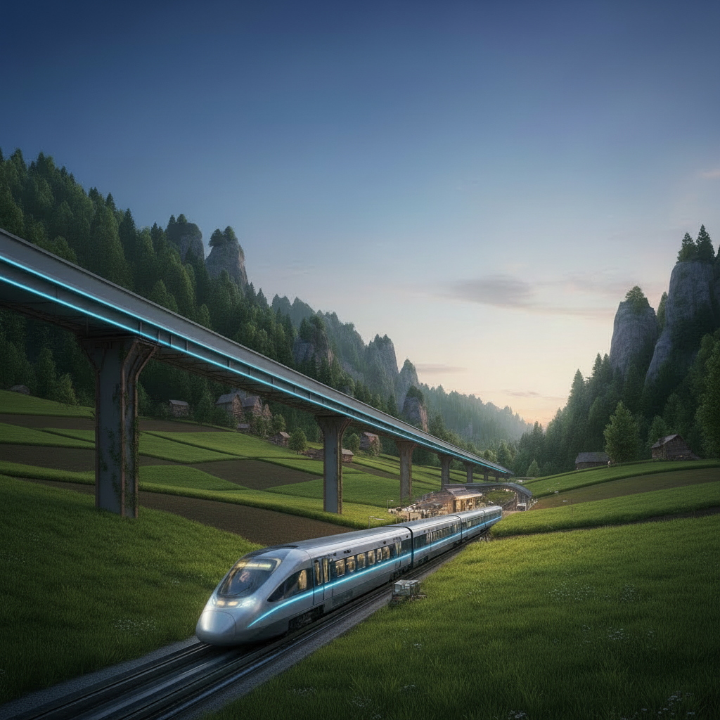 Futuristic city with high-speed trains, aerial transport pods, and towering glass skyscrapers at twilight.