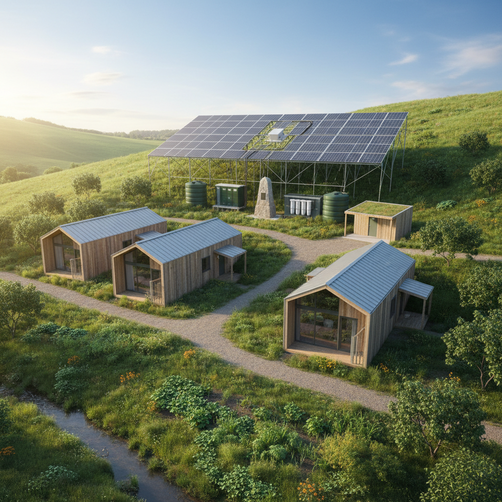 Three wooden cabins and a large solar panel array nestled on a green hillside.
