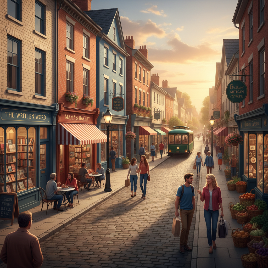Pedestrians on a cobblestone street with shops like Mama's Bakery and The Written Word.